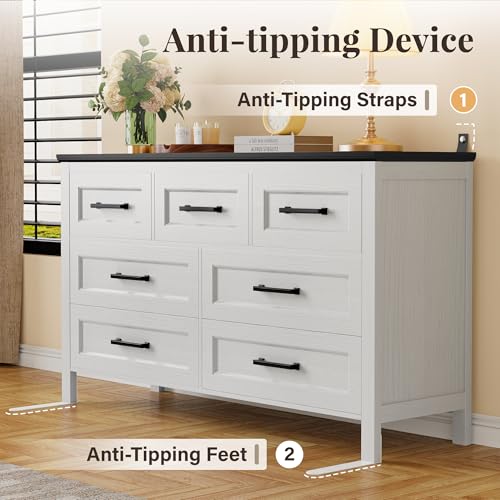 YESHOMY Dresser for Bedroom, Modern 7 Drawer Dresser, Closet Storage Organizer Chest of Drawers for Hallway, Closet, Black & White