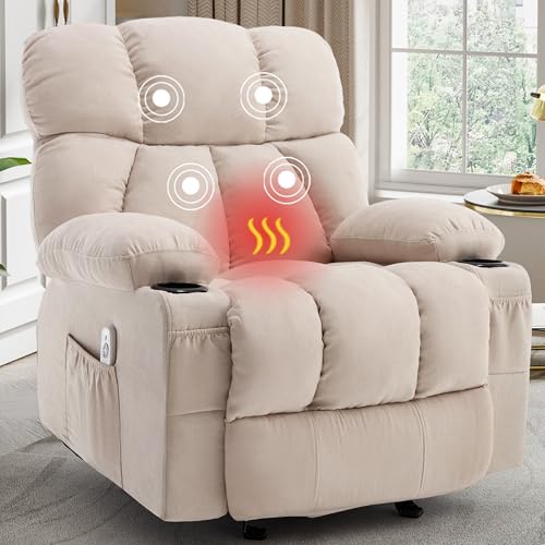 Massage Rocking Recliner Chair, Ergonomic Recliners Sofa with Vibration Massage & Heat, Rocking Chair Nursery Chair for Living Room Lounge with 4 Pockets, 2 Cup Holdersrt, Beige