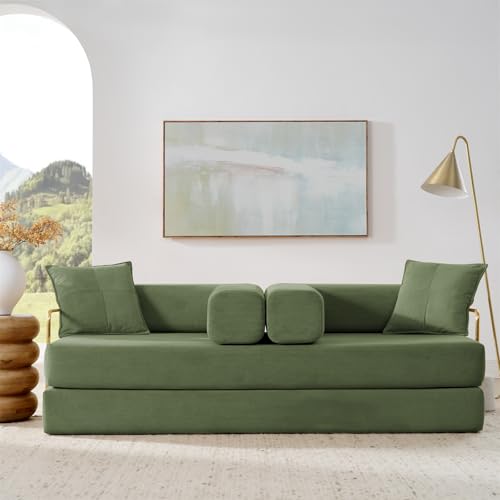 Antetek 78" Convertible Futon Sofa Bed, 3-Seater Modern Corduroy Foam Floor King Size Bed Foldable Sleeper Lounge Loveseat Sofa Couch with 2 Throw Pillows for Living Room Bedroom Guest Room, Green Antetek