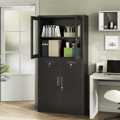 BouPower 71" Black Metal Storage Cabinet with Glass Doors, Garage Storage with 2 Drawers + 2 Adjustable Shelves, Heavy Duty Tool Cabinet with Locking Doors for School, Workshop, Office, Black