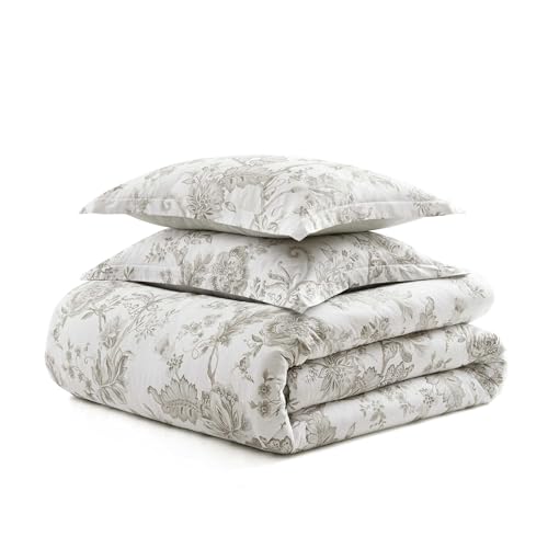 Martha Stewart - Queen Comforter Set, Smooth Sateen Front with Subtle Sheen & Lightweight Cotton Percale Reverse, 3 Piece Bed Set with Matching Pillowcases (Avery Floral Grey) Martha Stewart