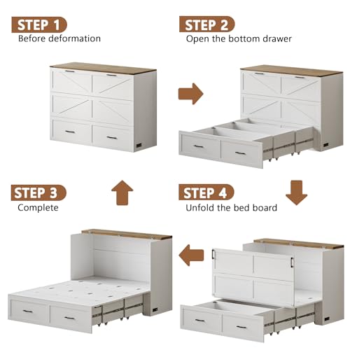 CHUWELL Full Size Murphy Bed with Charging Station & Drawer, Farmhouse Full Size Mobile Cabinet Bed Frame, Murphy Chest Bed Cabinet for Bedroom, Guest Room