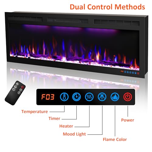 60 inches Electric Fireplace, Recessed and Wall Mounted Fireplace Heater and Linear Fireplace Inserts, with Timer, Remote Control, Adjustable Flame & Light Colors, 750W/1500W, Black Dreamflame