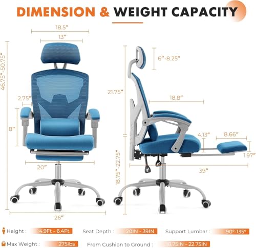 Simple Deluxe Home Office Desk Chair with Footrest, High-Back Mesh Rolling Swivel Reclining Chairs with Wheels, Comfortable Headrest, Lumbar Support, Comfy Arms Simple Deluxe