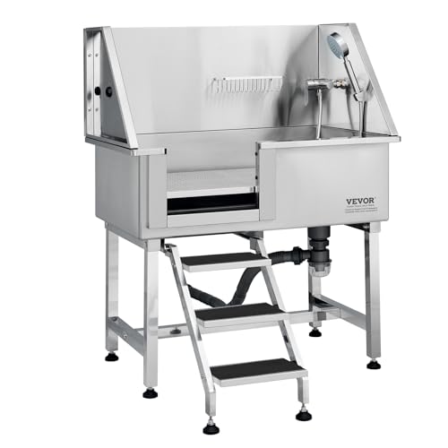 VEVOR 38" Pet Dog Bathing Station w/Ramp, Professional Stainless Steel Dog Grooming Tub w/Storage Drawer, Floor Grate, Faucet, Dog Bathtub for Large,Medium,Small Pets, Washing Sink for Home(Left) VEVOR