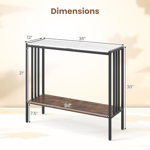 Giantex 36" Narrow Console Table, 2-Tier Industrial Entryway Table with Open Storage Shelves & Metal Frame, Faux Marble Sofa Table Behind Couch for Living Room, Hallway, Foyer, White & Rustic Brown Giantex