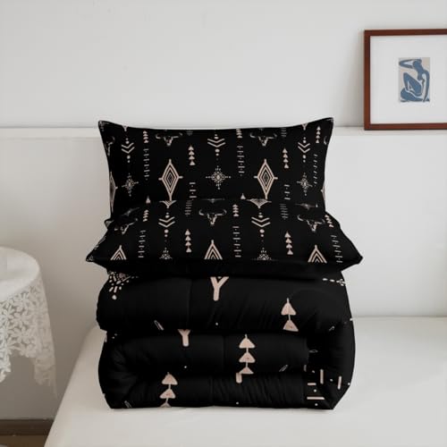 Feelyou Rustic Western Bedding Set Full Size Kids Western Tribal Bull Skull Comforter Adult Black Brown Boho Ethnic Aztec Cow Pattern Comforter Set Feelyou