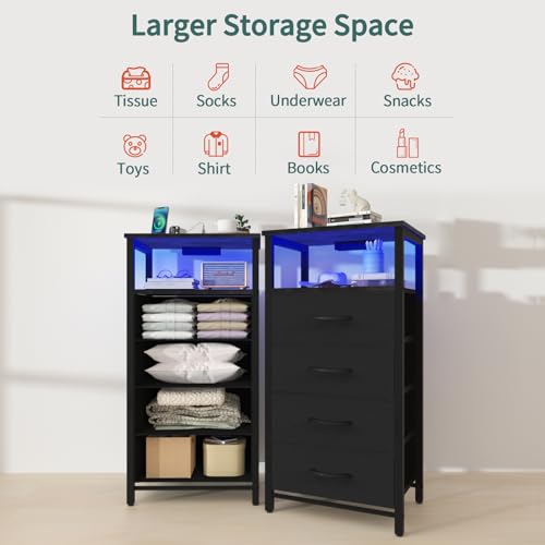 Yoobure Night Stand - LED Black Nightstand with Charging Station, Bedside Table with 4 Storage Drawers and Storage Shelf, End Table with USB Ports and Outlets, Fabric Tall Dresser for Bedroom Yoobure