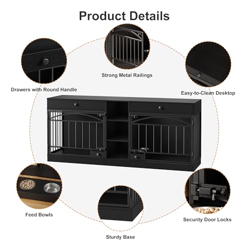 IDEALHOUSE 78.7" Double Dog Crate Furniture with Storage and 2 Doors, Dog Kennel Indoor with Feeding Bowls, Wood Dog Crate TV Stand for Small Medium Dogs, Black IDEALHOUSE