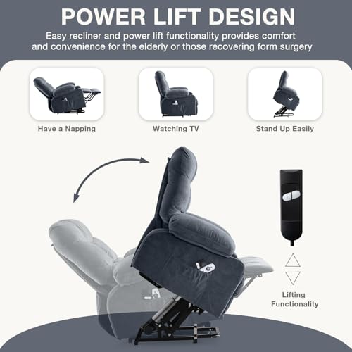 Power Lift Recliner Chair for Elderly, Electric Massage Recliner with Lumbar Heat, Fabric Single Sofa with 2 Cup Holders, USB Ports & Side Pockets, Infinite Position Motorized Chair for Living Room