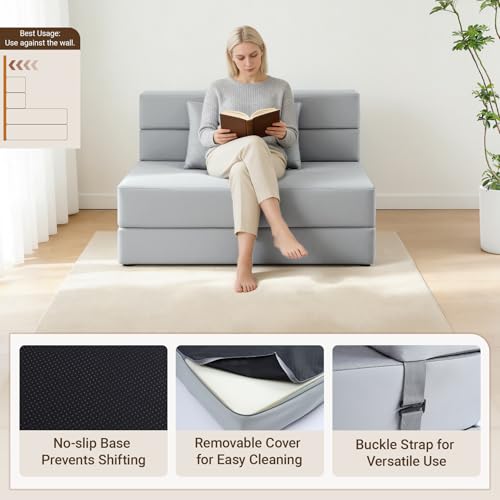 BeBen Folding Sofa Bed, Boneless Foldable Chair Bed, Convertible Futon Sleeper Chair Couch, Twin Lazy Floor Lounger Sofa Couch for Small Spaces, Dorm, Guest Room, Living Room, Apartment, Grey BeBen