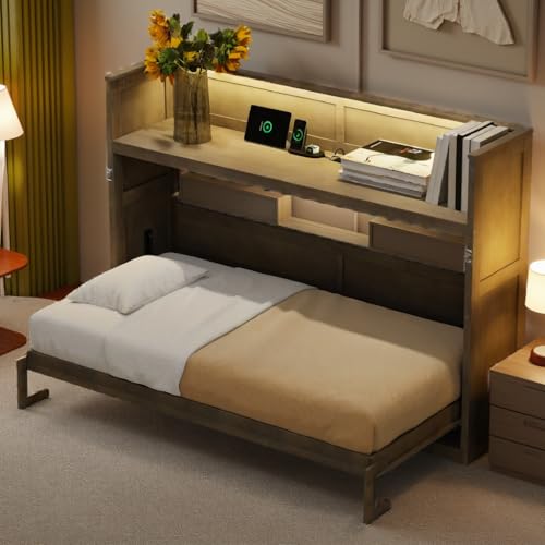 LUMISOL Twin XL Murphy Bed with Charging Station, Wood Murphy Cabinet Bed with Desk, Hidden Foldable Wall Bed Frame for Guestroom, Small Bedroom, Apartment, Grey Wash LUMISOL
