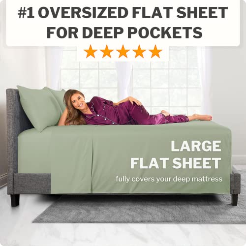 Deep Pocket Queen Sheet Sets – 21” Inch Extra Deep Pocket Queen Sheet Sets – 4 Piece Bedding Sheets & Pillowcases with Oversize Flat Sheet – 18”–23” Pillow Top Sheets for Queen Size Bed – Green Laurel DeaLuxe