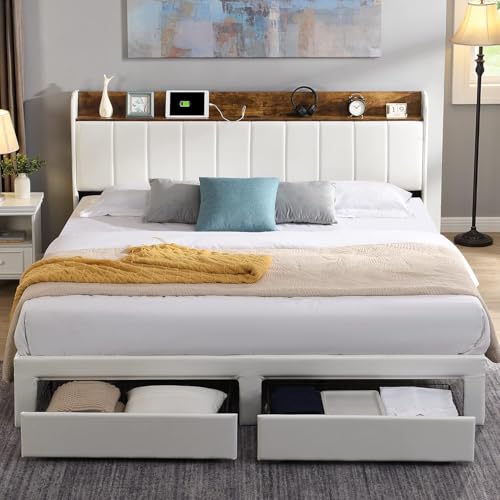 XKLOGER Queen Bed Frame with Headboard & Charging Station, Upholstered Platform Bed Frame with 2 Storage Drawers, Sturdy Wooden Slats Support/No Box Spring Needed/Noise Free/Easy Assembly/White XKLOGER