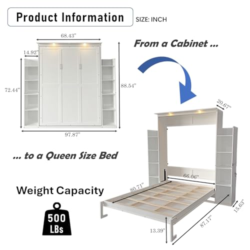 PVWIIK Queen Size Murphy Bed with 5-Tier Shelves and LED Lights,Foldable PlatformBed Vertical Wall Bedframe for Small Space,Bedroom,Living Room,White PVWIIK