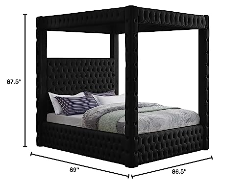 Meridian Furniture RoyalBlack-K Royal Collection Modern | Contemporary Velvet Upholstered King Bed with Soft Black Velvet, Deep Elegant Tufting, Canopy, 86.5" W x 89" D x 87" H, Black, King Meridian Furniture