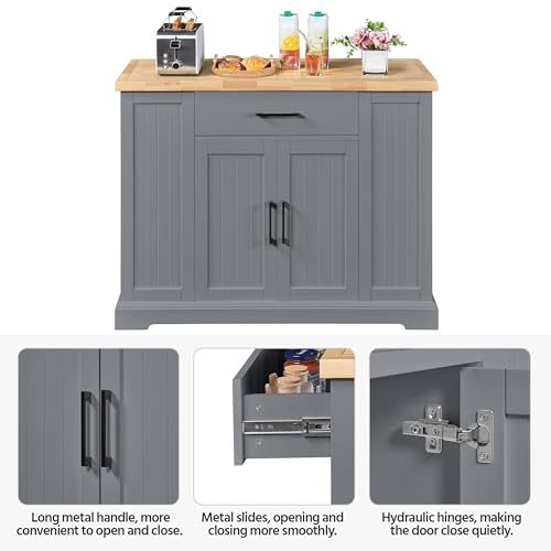 Yaheetech Rolling Kitchen Island with Thicker Rubberwood Countertop, Kitchen Cart on Hidden Wheels with 3 Drawers & Open Shelves, Storage Cabinet w/Inner Adjustable Shelves for Dining Room, Dark Gray Yaheetech