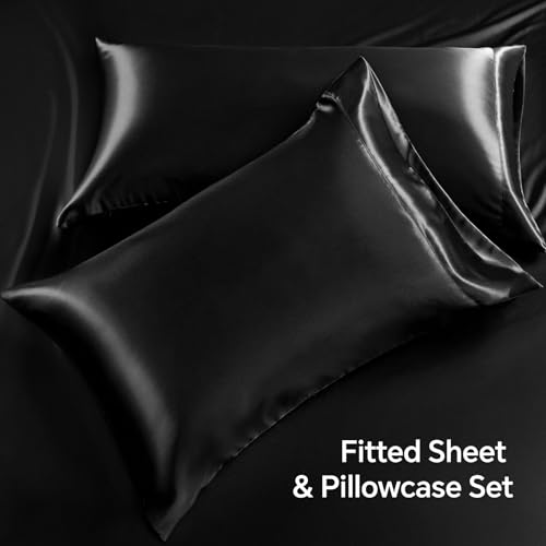 BEDELITE Satin Fitted Sheet and Pillowcases Set, Luxury Soft Similar to Silk Bottom Bed Sheet with Elastic Corner Straps, Deep Pocket up to 15 Inch, 1 Fitted Sheet and 2 Pillowcases(King, Black) BEDELITE