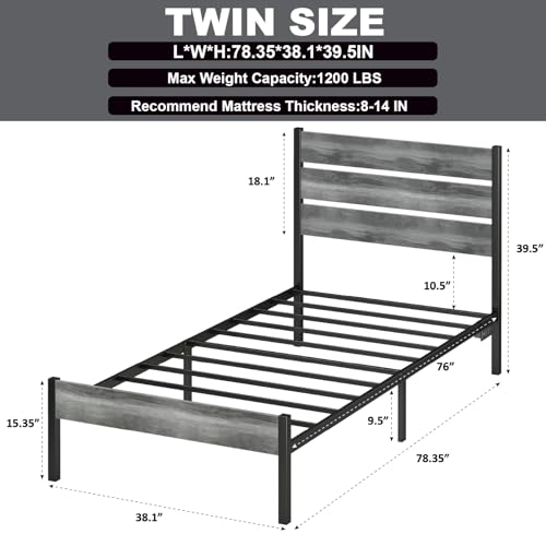 PUNICE Twin Size Bed Frame with Charging Station, LED Light Metal Bed Frame with Wooden Headboard, No Box Spring Required, No Noise, Easy Assembly, Light Grey PUNICE