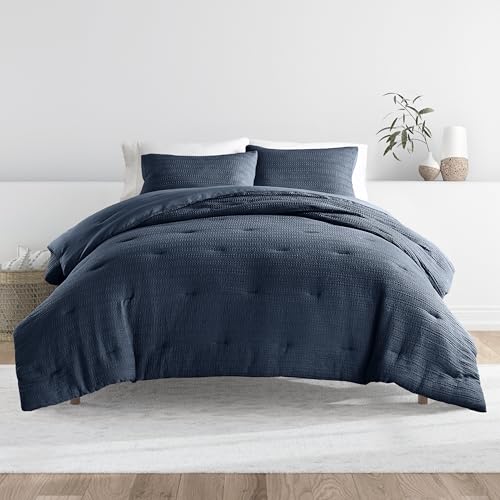 Merit Linens Waffle Textured 3 Piece Comforter Set All Season Down-Alternative Ultra Soft Bedding - Full/Queen Navy Merit Linens