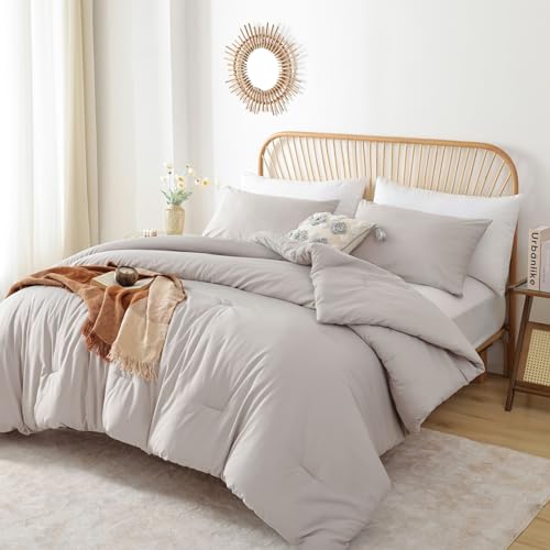 ROSGONIA Queen Comforter Set Linen Grey, 3pcs Queen Size Comforter(1 Boho Gray Comforter & 2 Pillowcases) All Season Lightweight Bedding Blanket Quilt ROSGONIA