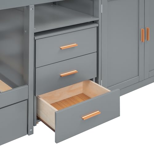 YOPTO Twin Size Bunk Bed with Trundle,Wardrobe,Desk,2 Cabinets and 5 Drawers,Multifunctional Wood Bed Frame W/Integrated Ladder,Safety Guardrails & Slats Support,Easy Assembly,for Kids,Teens,Gray YOPTO