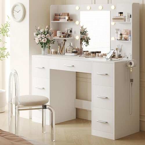 YESHOMY Vanity Desk with Mirror, Power Outlet and 10 Lights, Makeup Table with 7 Drawers, 3 Color Modes Available for Bedroom, Clear White YESHOMY