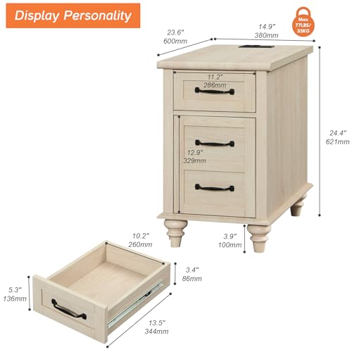 WAMPAT Beige End Table with Charging Station, Wooden Side Table with Storage Cabinet & Drawer, Elegant Nightstand with Power Outlets & USB Ports for Bedroom, Living Room WAMPAT