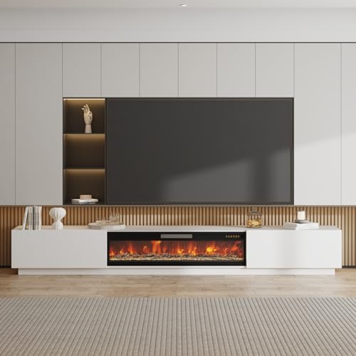 WOODTIME 109.4"W Fireplace TV Stand for TVs up to 85 Inches, 1500W/750W Electric Fireplace with 12-Color Flame, 2-Level Heat, Extra Long Entertainment Center with Large Drawers, for Living Room, White WOODTIME