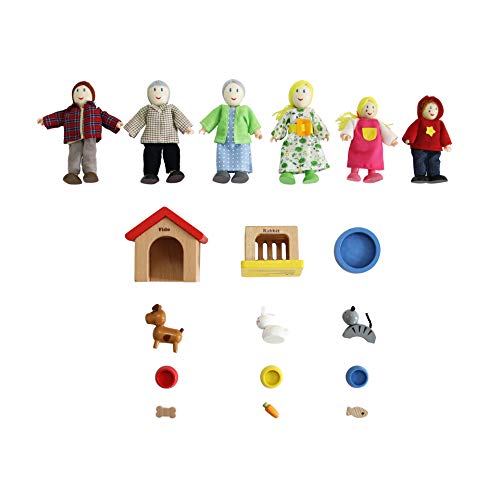 Hape Award Winning Wooden Dollhouse with Pet Set, Unique Accessories for Imaginative Play, 6 Family Figures - Adults 4.3" and Kids 3.5" Hape