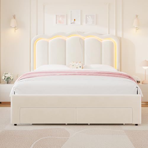Queen Upholstered LED Bed Frame with 2 Storage Drawers and Adjustable Chic Double Wavy Headboard, Velvet Princess Platform Bed with Charing Station, Solid Wood Slats Support,No Box Spring Needed,Beige Jocoevol