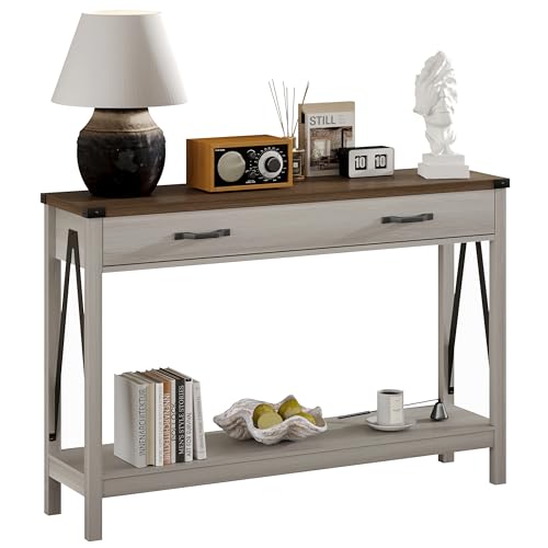 ChooChoo 47'' Farmhouse Console Table with Drawer, Entryway Table with Storage Shelf, Rustic A-Design Sofa Table for Hallway, Entrance, Living Room, White&Brown ChooChoo
