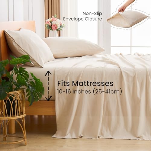 GOKOTTA 4-Pcs King Size Sheets Set, 10-16" Deep Pocket, Non-Slip Elastic Corner Straps, Washed & Brushed Microfiber Polyester - Hotel Luxury, Ultra Soft, Breathable, Wrinkle-Free, Anti-Rip - Beige GOKOTTA