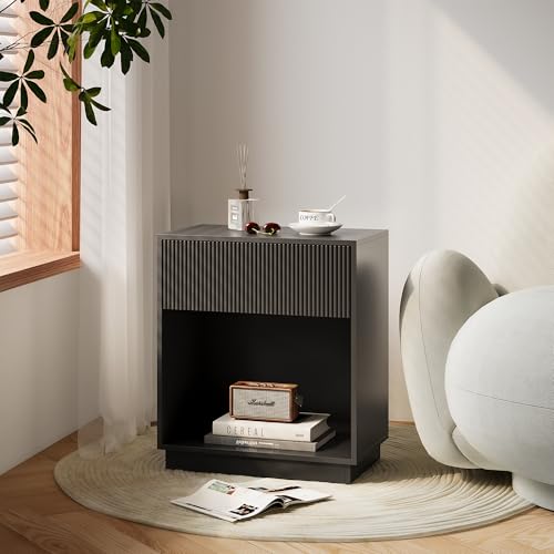 Fluted Nightstands Set of 2, Modern Bedside Table with Drawer and Storage Shelf, Wood End Table Mid Century Night Stands for Bedroom Living Room Sofa Couch Office (Black) INNOD