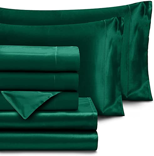 Homiest 7pcs Satin California King Size Bed Set, Blackish Green Luxury Satin Bedding, 1 Deep Pocket Fitted Sheet, 1 Flat Sheet, 4 Pillowcases, 1 Body Pillowcase Homiest