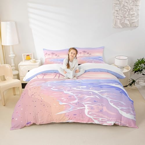 Homewish Pink Beach Duvet Cover Set Twin Size,Kids Girls Romantic Hawaii Ocean Style Bedding Set Teens Lover Room Decor,Palm Tree Comforter Cover Girly Summer Quilt Cover,1 Pillowcase,(No Comforter) Homewish