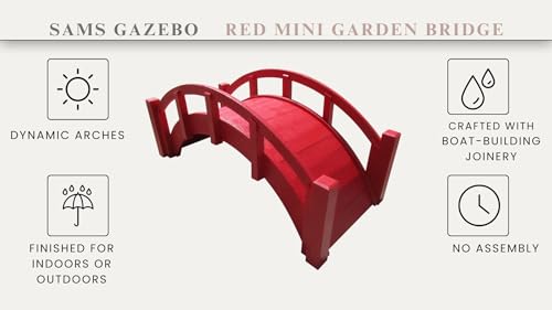 SamsGazebos Miniature Japanese Wood Garden Bridge, Red, Assembled, 25" Long X 11" Tall X 11-1/2" Wide, Made in USA SamsGazebos