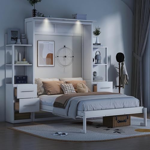MERITLINE Full Murphy Bed with Storage Drawers,LED Lights and Storage Bookcase Shelves,Wood Murphy Wall Bed Cabinet for Adults MERITLINE