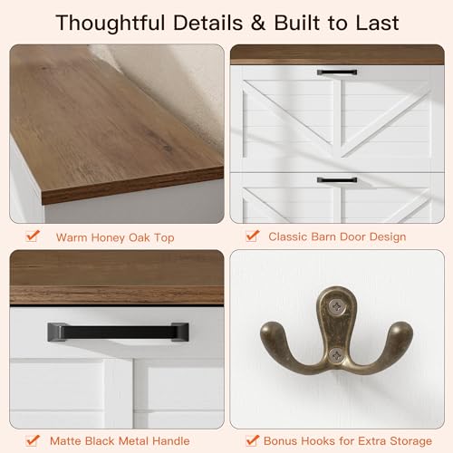 Nicetree Shaker Barn Door Shoe Cabinet, 3 Flip Drawers & 3Tier Adjustable Shelves, Ultra Slim Freestanding, Modern Rustic Brushed White Farmhouse Shoe Rack for Entryway, Hallway, Foyer & Mudroom White Nicetree