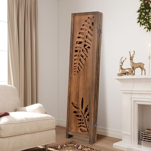 Giantex Boho Rustic Room Divider, 6 Panel Carved Leaf Folding Wood Screen, Fully Assembled, 67'' Freestanding Privacy Partition Decorative Wall, Foldable Room Separator for Bedroom, Brown Giantex