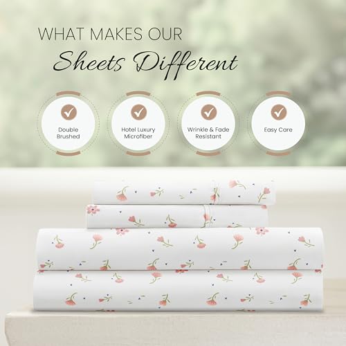 Linen Market Double-Brushed Patterned Microfiber Full Sheet Set 4 Piece – Oeko-TEX Certified Ultra Soft & Wrinkle-Free - 16" Deep Pocket Sheets - Easy Care Full Size - Soft Floral Pink Linen Market
