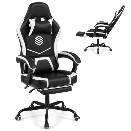 Giantex Gaming Chair, Height Adjustable Computer Desk Chair with Headrest, Lumbar Support, Linkage Armrests, Reclining Backrest & Footrest, Ergonomic Office Chair, Video Game Chair (Black) Giantex