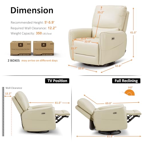 MCombo Power Swivel Rocker Recliner with Lumbar Support, Faux Leather Electric Nursery Glider Recliner Chair for Adults, 6922 (Cream White)