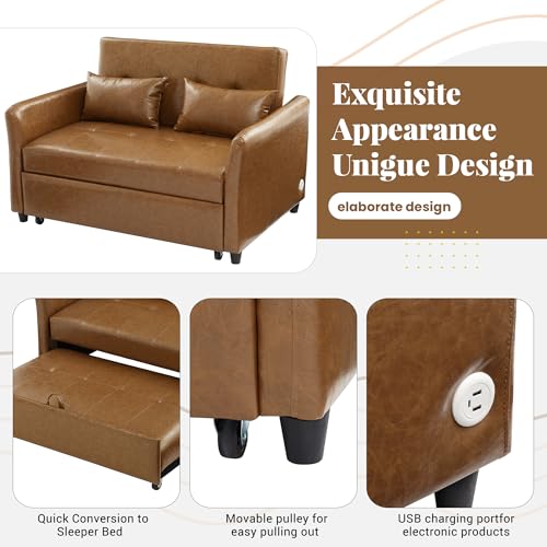 Love Seat Sleeper Bed, Pull Out Couch Bed with USB Charging Ports, 3 in 1 Faux Leather Loveseat Sleeper Sofa Bed, Pull Out Sofa Bed with Adjustable Backrest for Living Room, Bedroom, Apartment-Brown Heliodeck