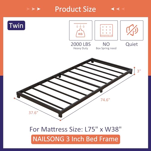 Nailsong 3 Inch Twin Bed Frames Low Profile, Twin Platform Bed Frame No Box Spring Needed, Heavy Duty Metal, Easy Assembly, Black Nailsong