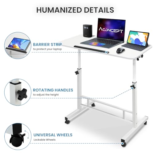 Aconcept Small Standing Desk Tiltable-Adjustable Height, Mobile Stand Up Desk with Wheels, 32 inch Portable Rolling Desks Laptop Office Workstations for Walking Pad Treadmill White Aconcept