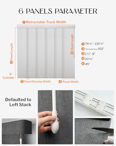 Heefen Adjustable Panel Track Blinds Light Filteringt Vertical Blinds with Valance, Sliding Glass Door Blinds, Room Dividers, Retractable Track from 74" to 133" W, Trimmable Panel Up to 102" H (White) Heefen