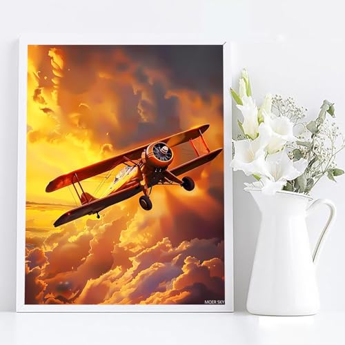 MOER SKY Diamond Painting for Adults 5D Aircraft Flying at Sunset Full Drill Diamond Art Kit DIY Airplane Gem Painting Set Bedroom Living Room Wall Decor Gifts 12x16 inch MOER SKY