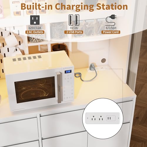 Gyfimoie 71" Kitchen Pantry Storage Cabinet with Charging Station, Kitchen Hutch with LED Light & Open Shelving, Buffet Cabinet with Drawers, Farmhouse Food Pantry for Living Room, White Gyfimoie