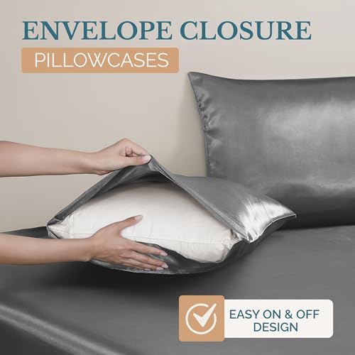Casa Platino Satin Twin Sheets - Silky Soft Twin Sheet Set with 15 Inch Deep Pocket Fitted Sheet, Luxurious Feel, Silky Smooth,Makes for a Great Nights Sleep, Stylish Finish - Dark Gray Casa Platino